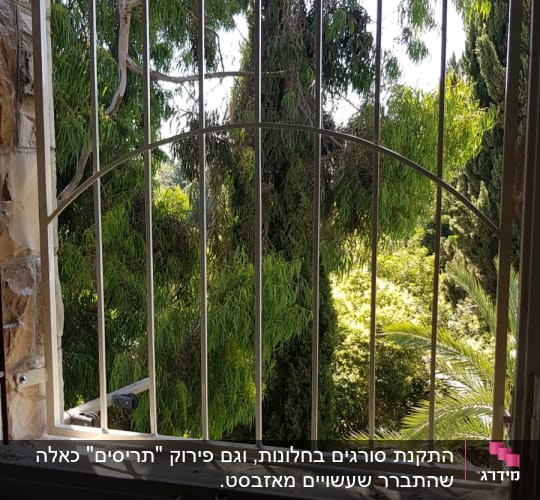 סורגי חלון מתכתיים עם נוף עצים ירוקים
